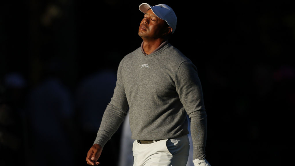 Tiger Woods of the United States reacts on the 14th fairway during the continuation of the first round of the 2024 Masters Tournament at Augusta National Golf Club on April 12, 2024 in Augusta, Georgia. 