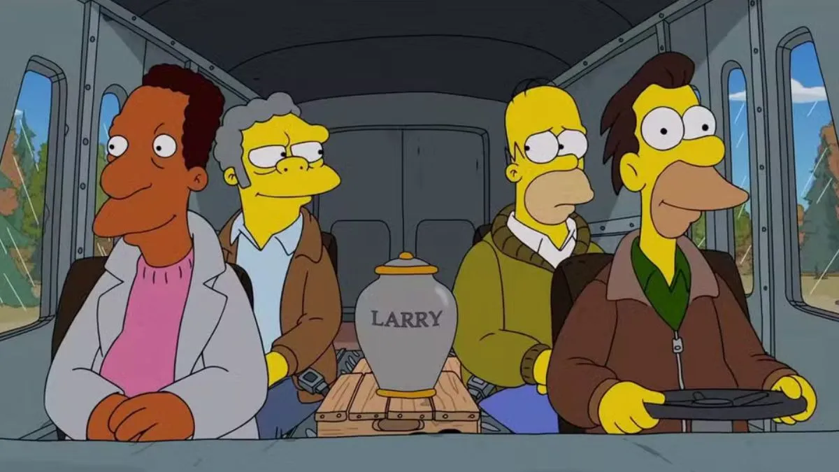 Moe, Homer, Lenny and Carl in a car with Larry's ashes in their middle, in The Simpsons