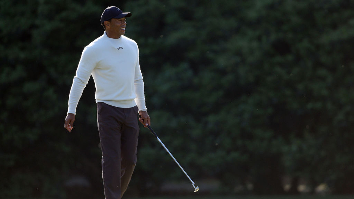 Tiger Woods of the United States looks on during a practice round prior to the 2024 Masters Tournament at Augusta National Golf Club on April 08, 2024 in Augusta, Georgia. 