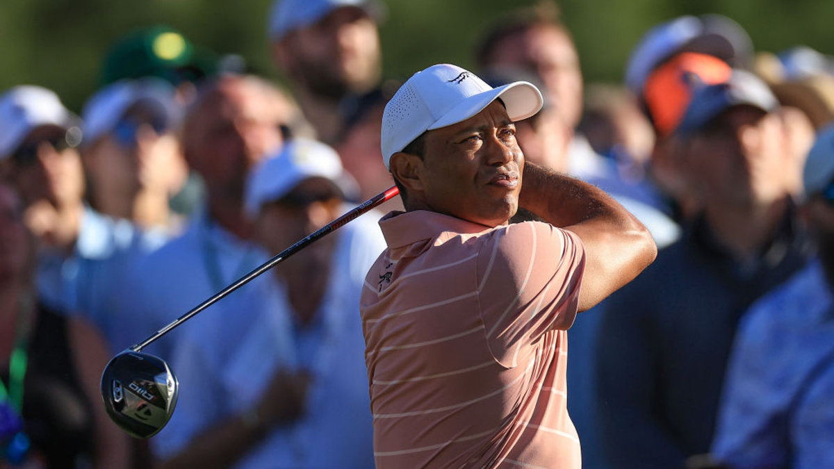 Tiger Woods of The United States plays his tee shot on the eighth hole during the first round of the 2024 Masters Tournament at Augusta National Golf Club on April 11, 2024 in Augusta, Georgia. 