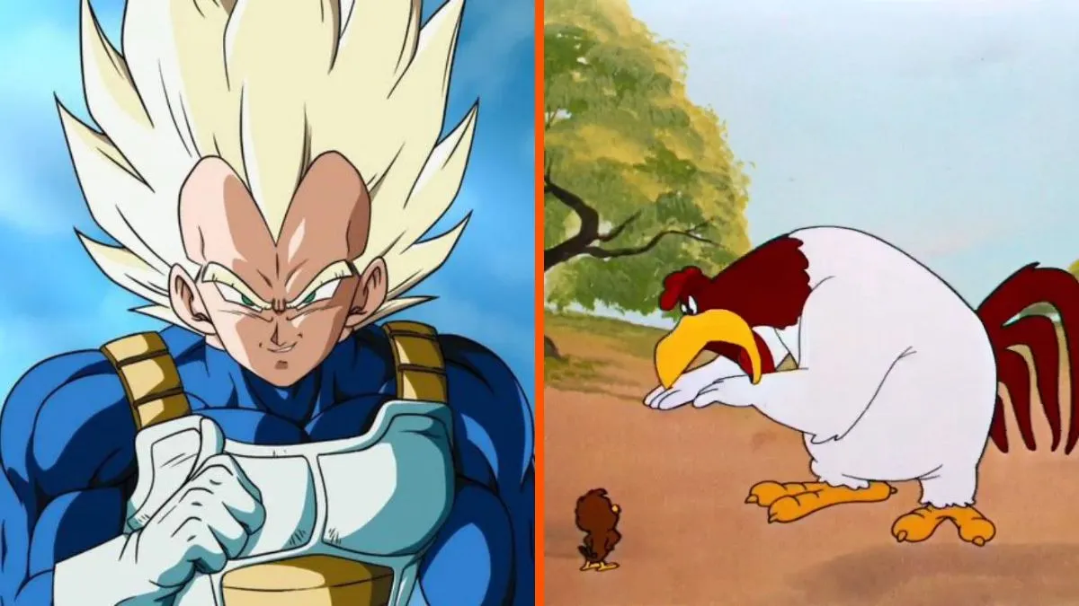 Vegeta in Super Saiyan mode from Dragon Ball in a side by side picture of Foghorn Leghorn from Looney Tunes