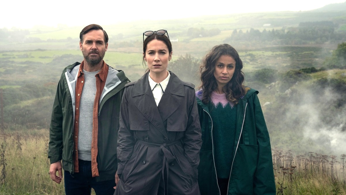 Will Forte as Gilbert Power, Siobhán Cullen as Dove, and Robyn Cara as Emmy in a promotional image for Bodkin.