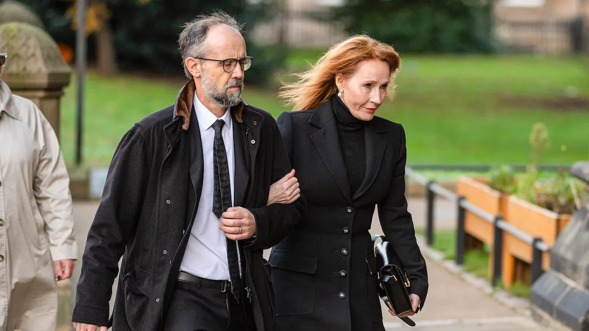 J.K. Rowling and Neil Murrya dressed in black on their way to Alistair Darling's memorial service