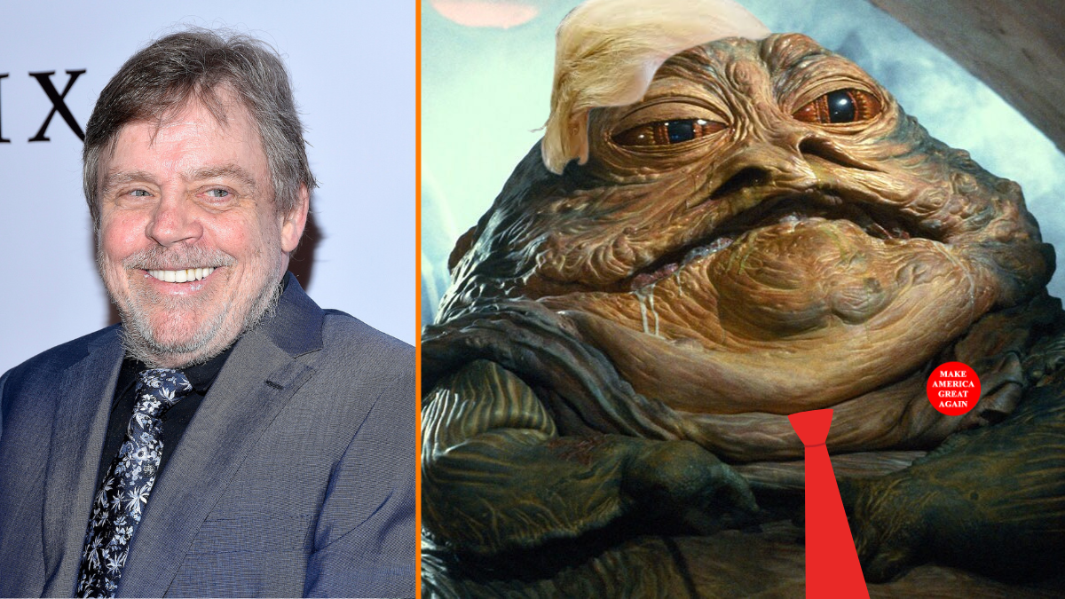 Mark Hamill smiling delightedly next to a Trump-themed Jabba the Hut
