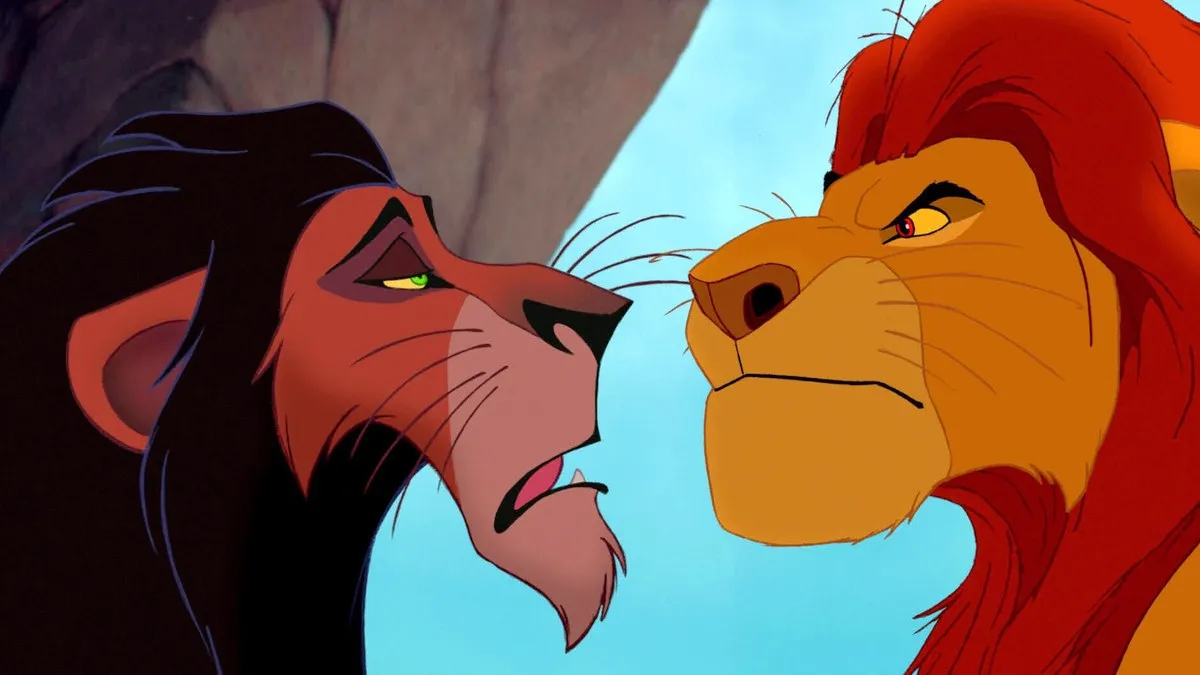 Mufasa and Scar face to face in The Lion King