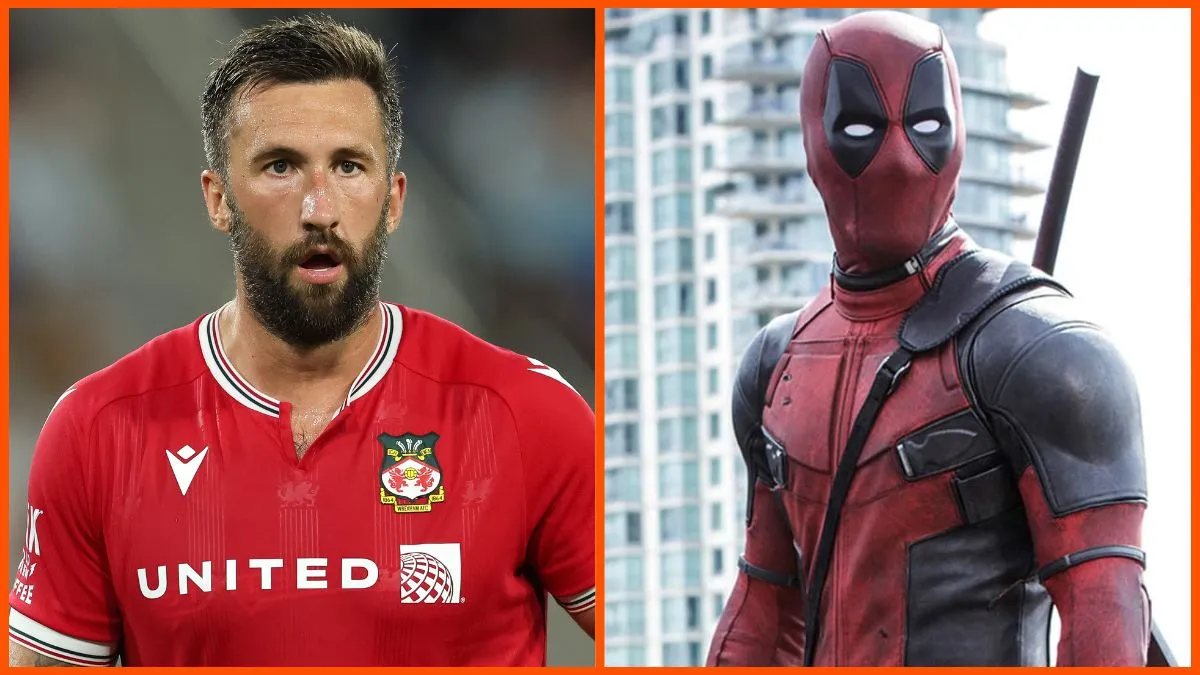 Side by side images of Ollie Palmer wearing a Wrexham A.F.C. jersey and Ryan Reynolds as Deadpool in 'Deadpool.'
