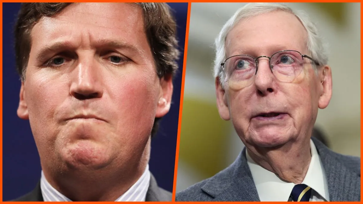 Side by side close up images photos of Tucker Carlson and Mitch McConnell.