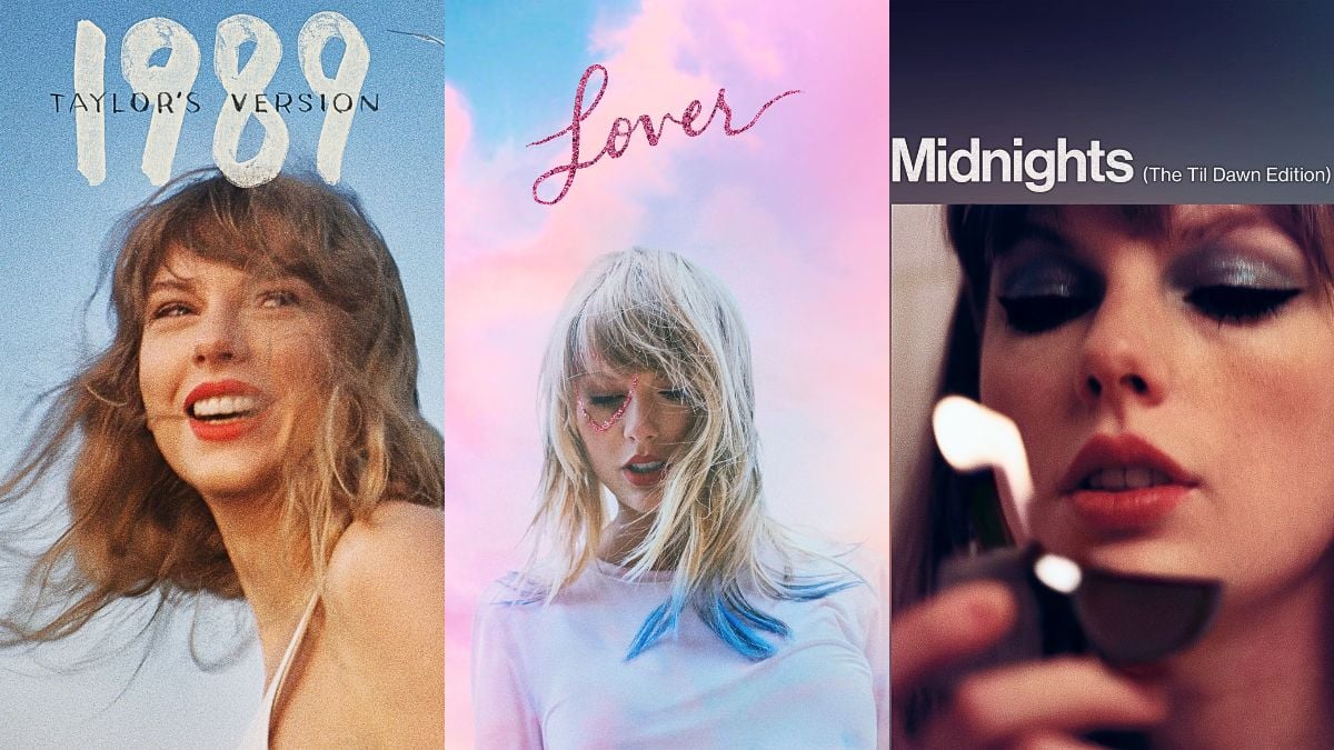 Album covert art of Taylor Swift's '1989 (Taylor's Version)', 'Lover' and 'Midnights (The 3am Edition)'.
