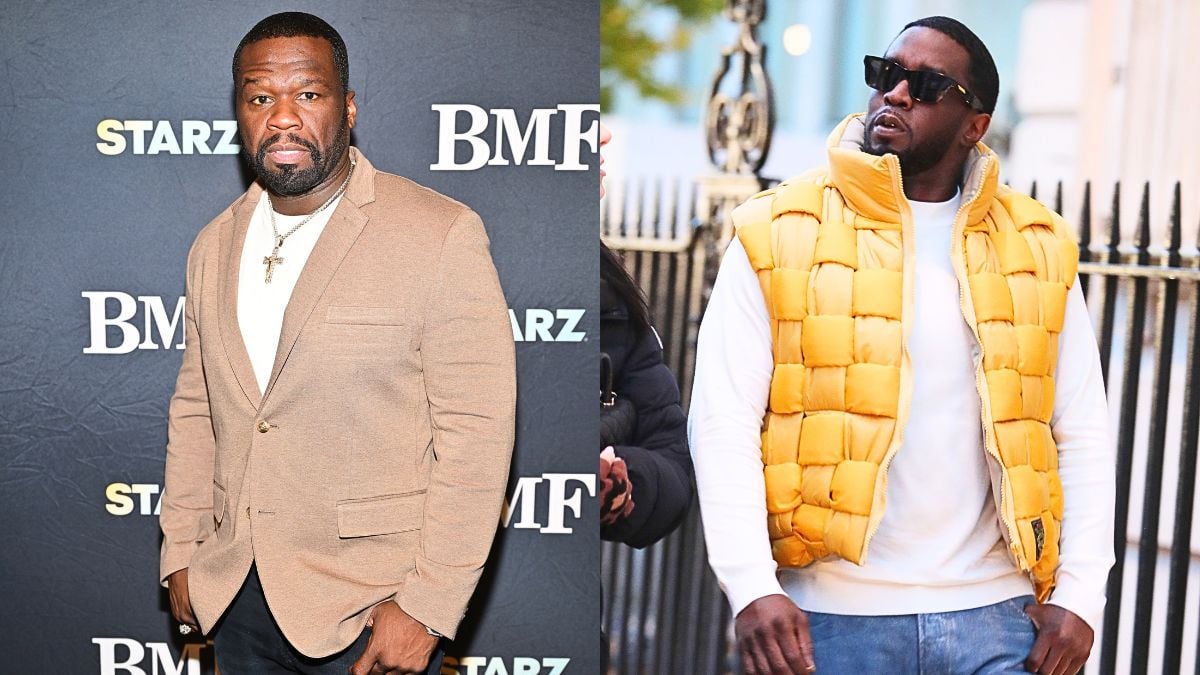 Photo montage of rappers 50 Cent and Diddy.