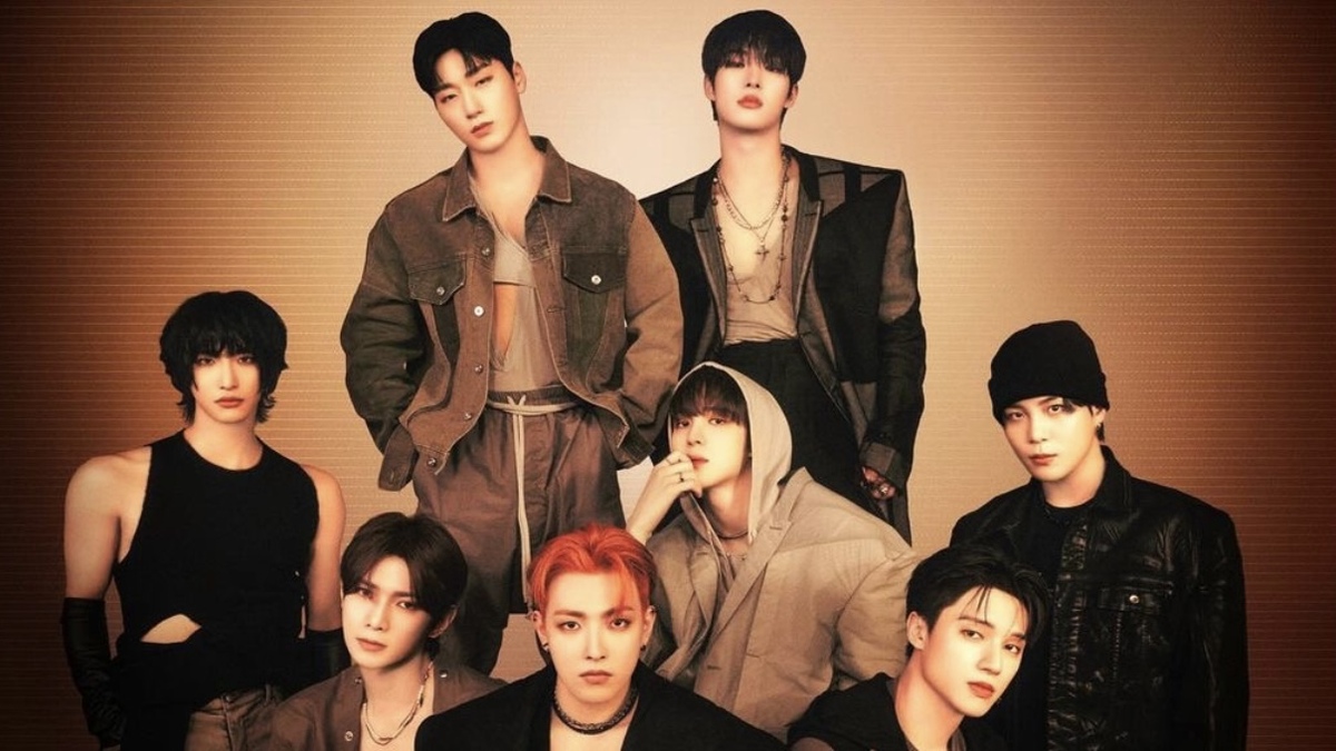 The members of the K-pop boy group ATEEZ pose in a promotional photo for their ‘Golden Hour: Part 1’ album