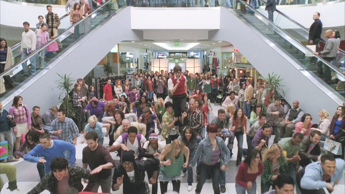 Artie doing the number "Safety Dance," at the Leibowitz Strip Malls in Glee season 1