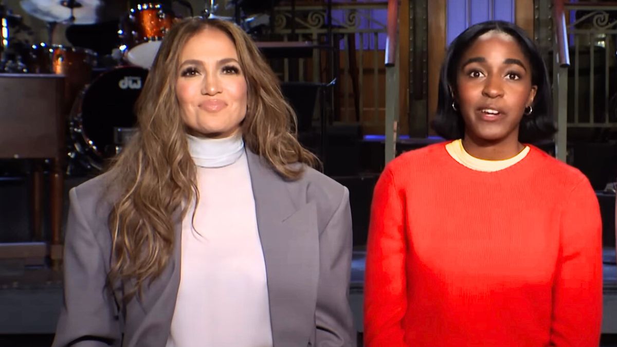 Jennifer Lopez and Ayo Edebiri on Saturday Night Live
