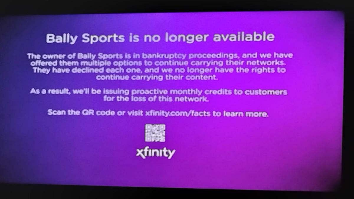 The purple screen that alerted Bally Sports customers know it was no longer available on Comcast.
