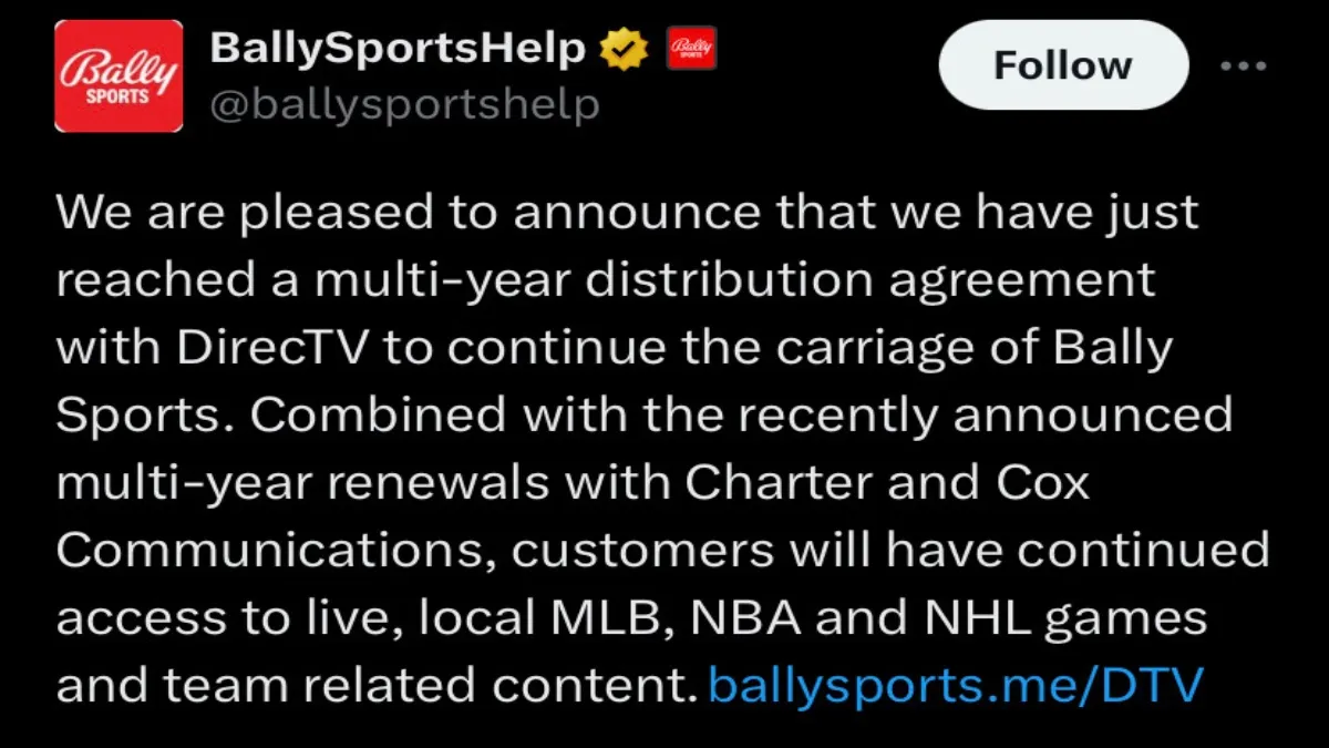Bally Sports anuncia seu acordo com Direct TV e Charter and Cox 