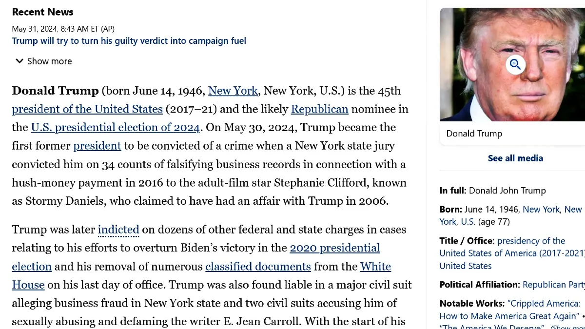 Britannica on Donald Trump as convicted felon