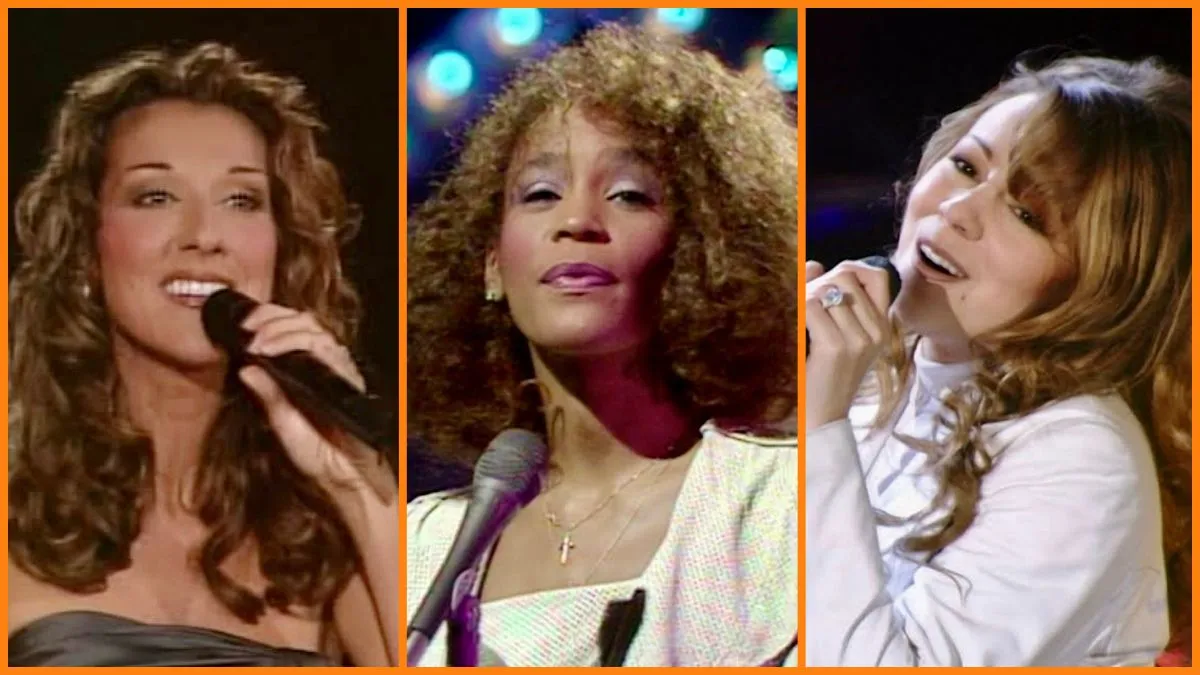 A split image of Celine, Whitney, and Mariah, a.k.a., “The Vocal Trinity,” performing live.