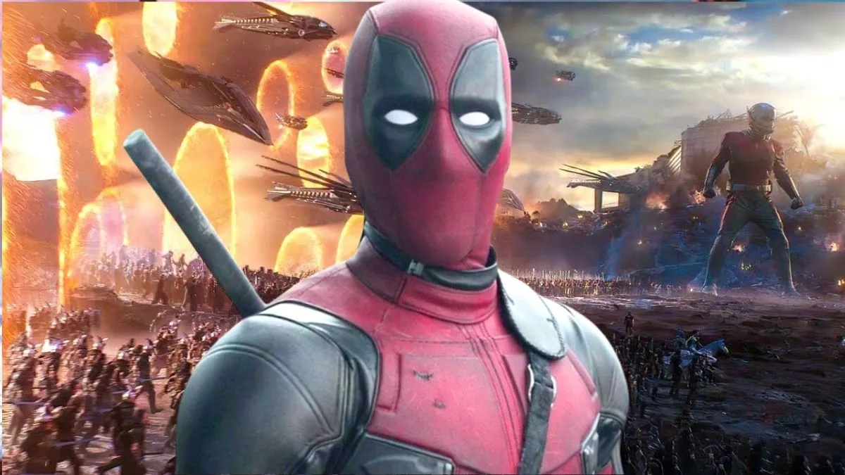 Deadpool overlaid on the Battle of Earth from Avengers: Endgame