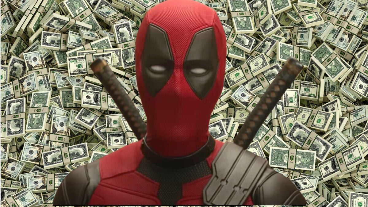 Deadpool in Deadpool and Wolverine/stock photo of dollar bills
