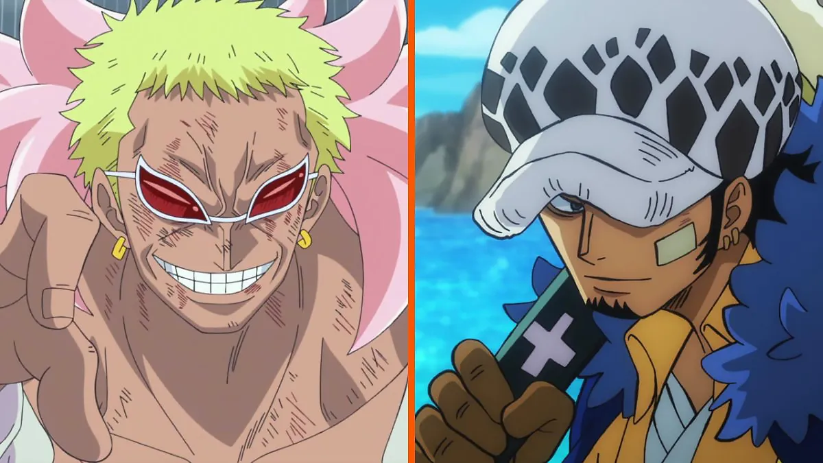 Image of Doflamingo using his devil fruit in Dressrosa, next to an image of Law smiling with his swork