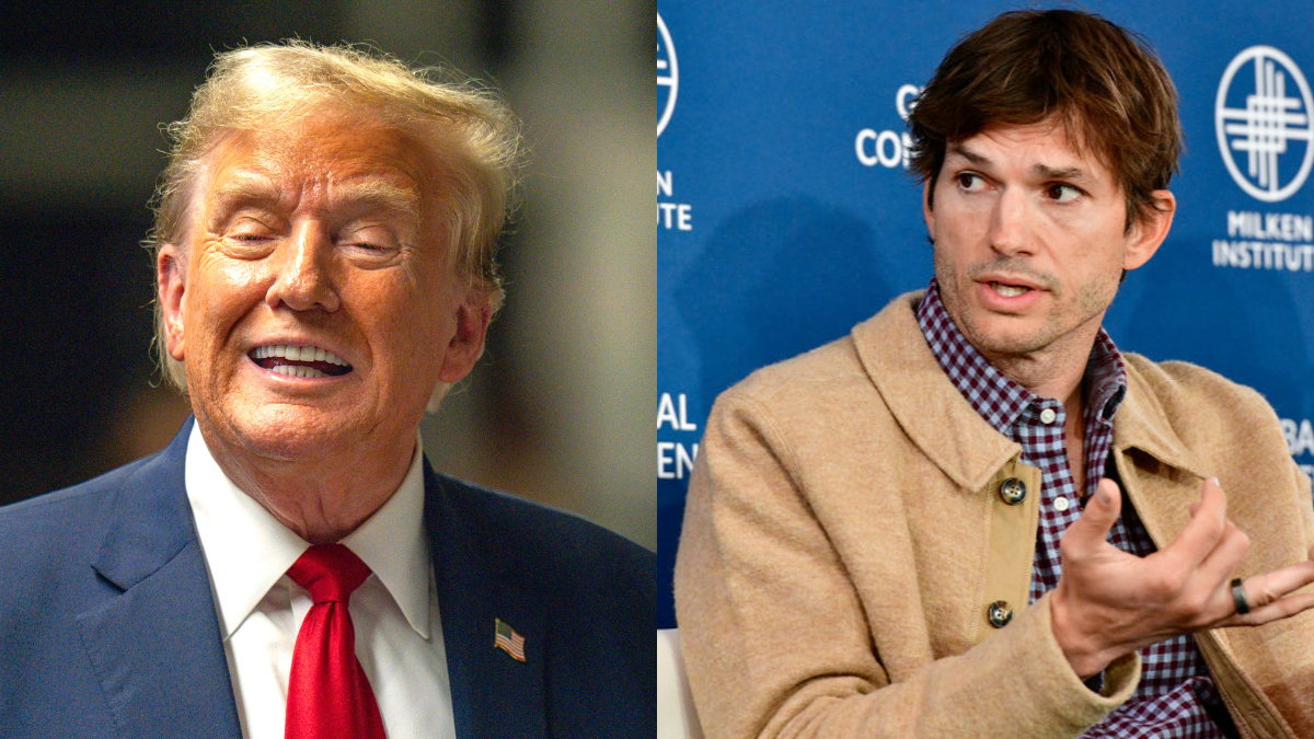 Donald Trump looking like an orange lunatic next to a seated, concerned Ashton Kutcher