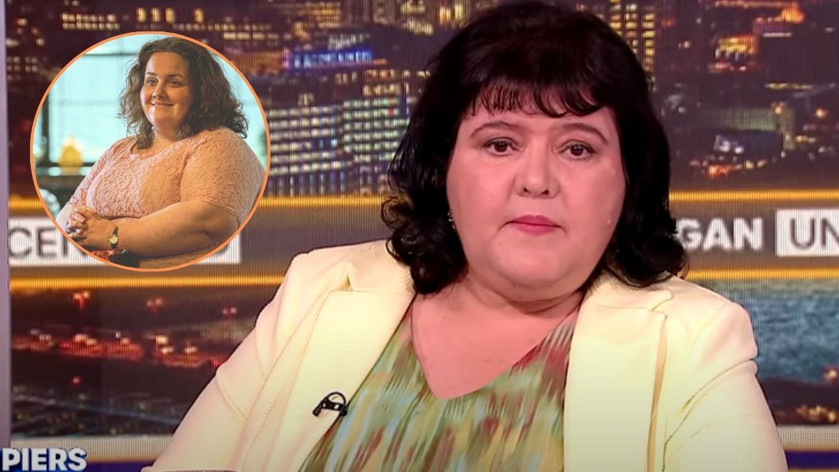 Fiona Harvey em Piers Morgan Uncensored (detalhe: Jessica Ganning em Baby Reindeer)