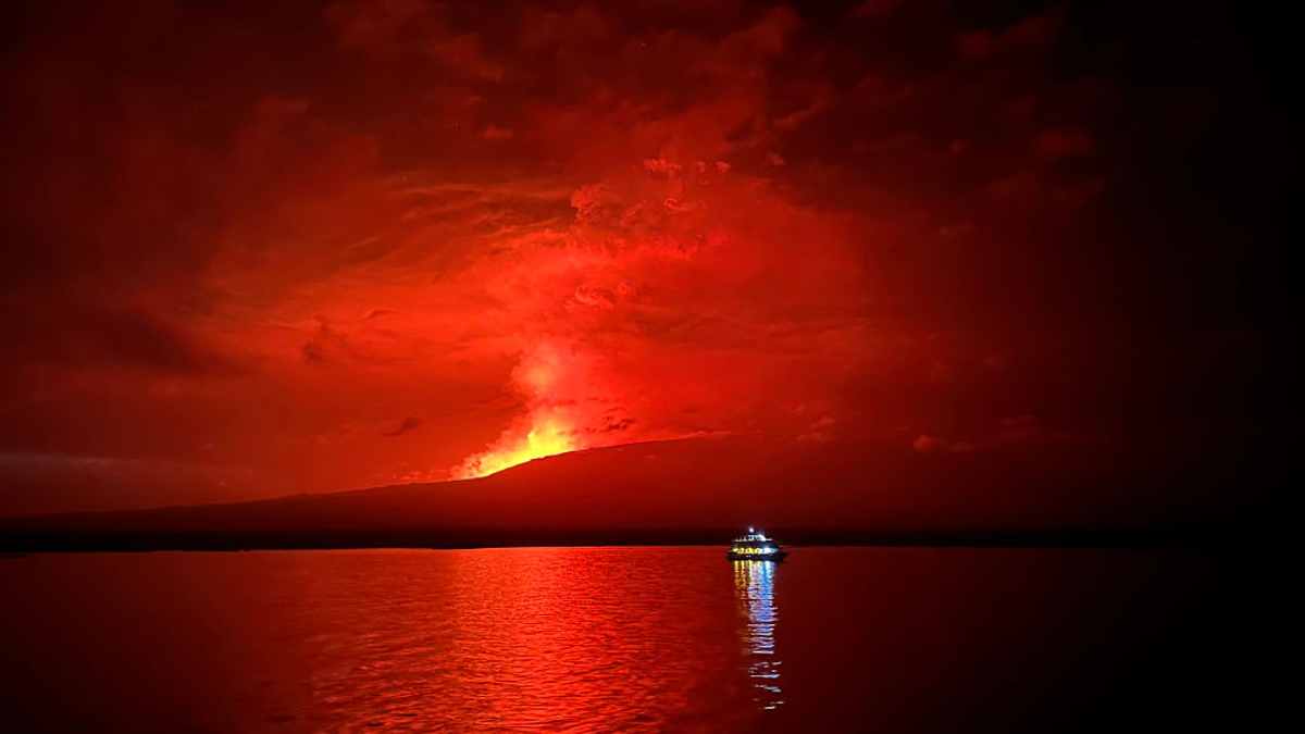  In this handout picture provided by Galapagos National Park lava is seen spewing after the eruption of La Cumbre volcano on March 03, 2024 in Galapagos Islands, Ecuador. La Cumbre volcano, located on Fernandina Island of the archipelago, erupted on Saturday March 2. 