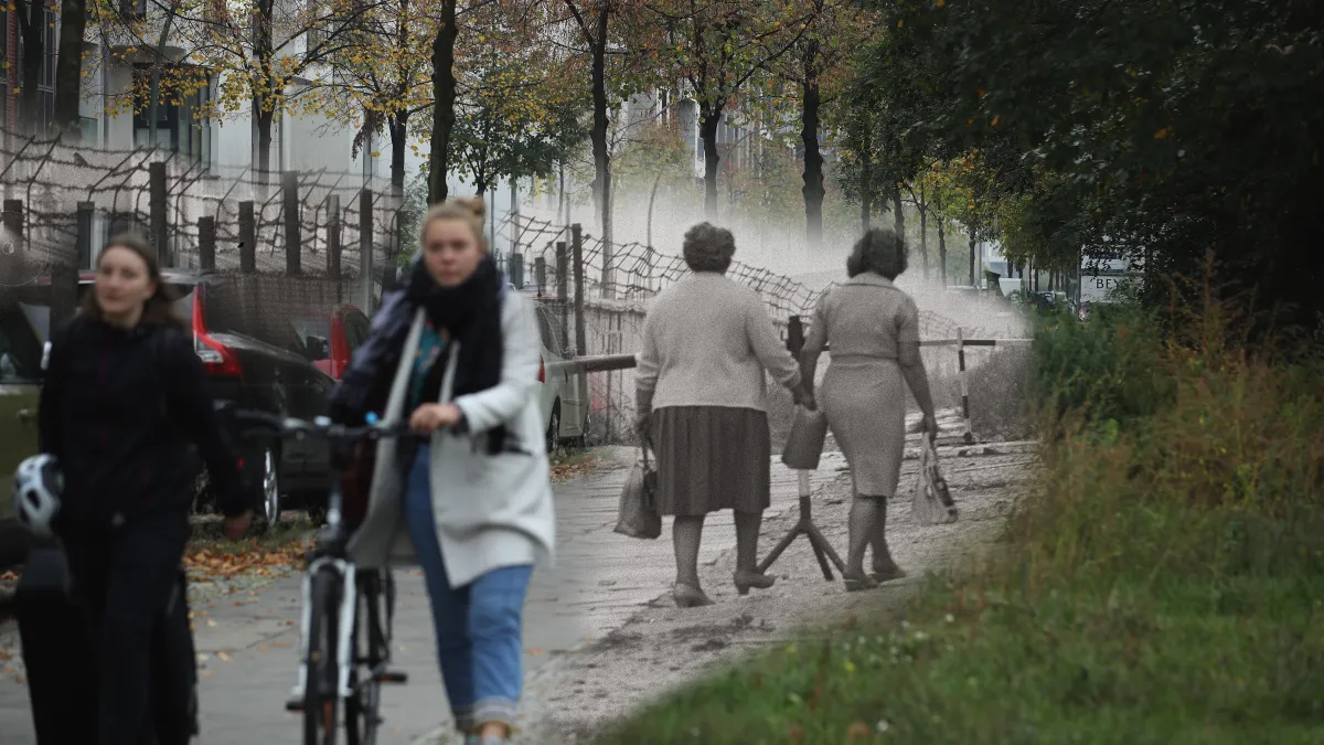This digital composite image shows Boyenstrasse in Berlin in August, 1961 (Imagno/Getty Images) and on October 24, 2019 (Sean Gallup). *** ARCHIVE *** #56466437 BERLIN, GERMANY - 1961 or 1962: Two women at the Berlin Wall. Germany. 1961/62. (Photo by Imagno/Getty Images)***MODERN DAY*** BERLIN, GERMANY - OCTOBER 24: Two women walk along Boyenstrasse, where a portion of the Berlin Wall once stood, on October 24, 2019 in Berlin, Germany. This photo pairs for a then-and-now comparison with image asset 56466437, which shows a portion of the Berlin Wall shortly after its construction at the same location in 1961 or 1962. November 9, 2019, will mark the 30th anniversary of the fall of the Berlin Wall, which heralded the collapse of communist governments across Eastern Europe and the end of the Cold War. (Photo by Sean Gallup/Getty Images)