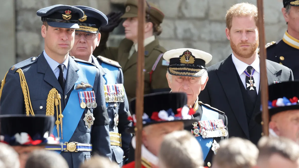 Prince William, Prince of Wales, King Charles III and Prince Harry, Duke of Sussex watch the coffin of HM Queen Elizabeth during The State Funeral Of Queen Elizabeth II at Westminster Abbey on September 19, 2022 in London, England. Elizabeth Alexandra Mary Windsor was born in Bruton Street, Mayfair, London on 21 April 1926. She married Prince Philip in 1947 and ascended the throne of the United Kingdom and Commonwealth on 6 February 1952 after the death of her Father, King George VI. Queen Elizabeth II died at Balmoral Castle in Scotland on September 8, 2022, and is succeeded by her eldest son, King Charles III.