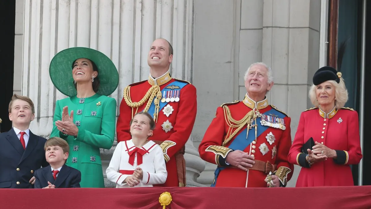 Prince George of Wales, Prince Louis of Wales, Princess Charlotte of Wales, Catherine, Princess of Wales, Prince William, Prince of Wales, King Charles III and Queen Camilla stand on the balcony of Buckingham Palace to watch a fly-past of aircraft by the Royal Air Force during Trooping the Colour on June 17, 2023 in London, England. Trooping the Colour is a traditional parade held to mark the British Sovereign's official birthday. It will be the first Trooping the Colour held for King Charles III since he ascended to the throne. (Photo by Neil Mockford/Getty Images)
