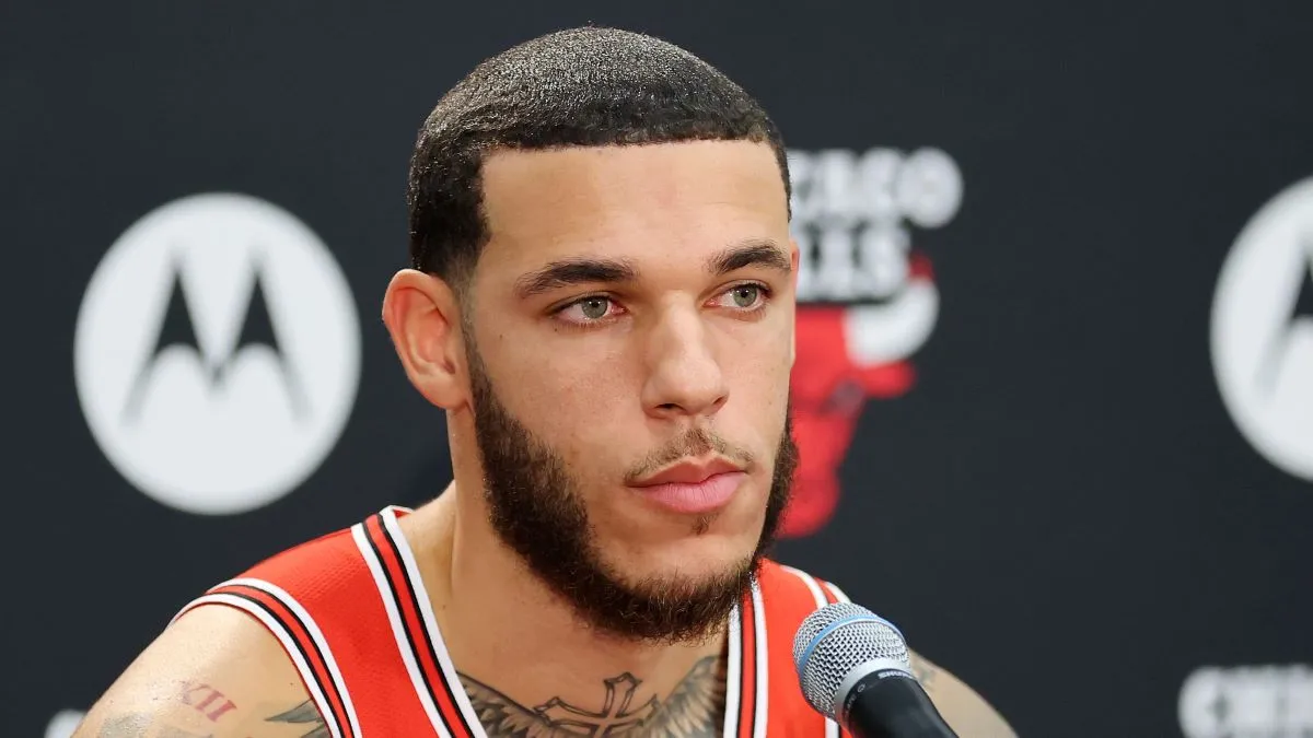 Lonzo Ball #2 of the Chicago Bulls answers questions from reporters during Media Day at Advocate Center on October 02, 2023 in Chicago, Illinois. (Photo by Michael Reaves/Getty Images)