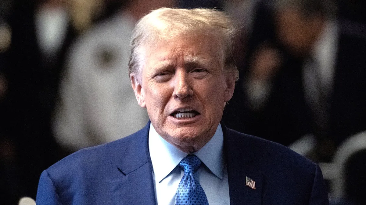 Former U.S. President Donald Trump speaks to the media before he appears in court during his trial for allegedly covering up hush money payments at Manhattan Criminal Court on May 9, 2024 in New York City. Former U.S. President Donald Trump faces 34 felony counts of falsifying business records in the first of his criminal cases to go to trial.