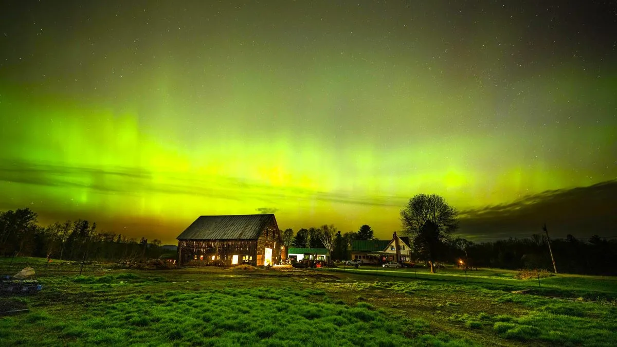 The northern lights fill the sky with green ribbons of electrical charged particles over the barn and pastures at Greaney's Turkey Farm in Mercer, Maine on May 11, 2024. The aurora borealis, commonly referred to as the northern lights, are electrically charged particles that are interacting with gases in outer space. This recent display was the strongest seen since 2003 rating a G5 on the geomagnetic scale. (Photo by Michael Seamans/Getty Images)