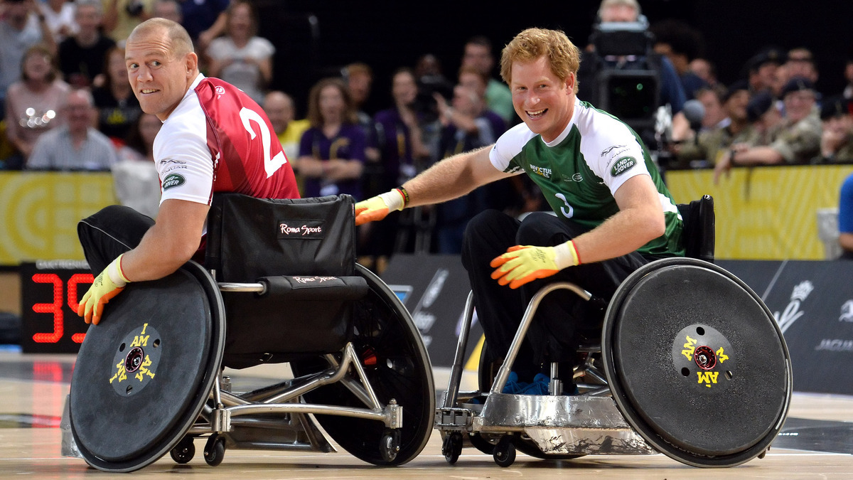 Mike Tindall and Prince Harry in action today during an exhibition match of wheelchair rugby at the Invictus  Games at Copperbox, Queen Elizabeth Park on September 12, 2014 in London, England.  