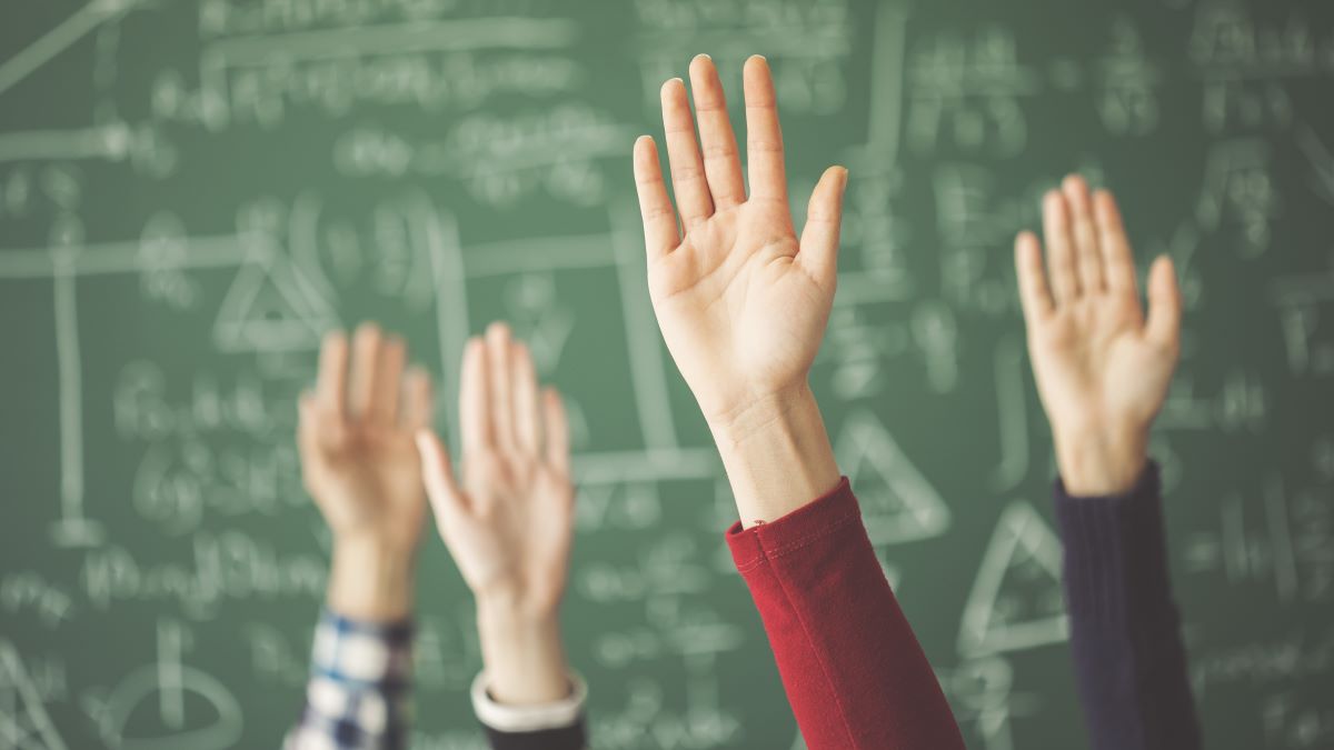 Students raised up hands green chalk board in classroom