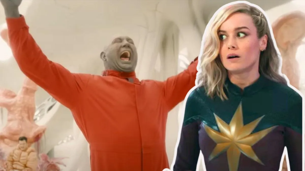 Drax cheers in Guardians of the Galaxy Vol. 3/Captain Marvel looks awkward in The Marvels