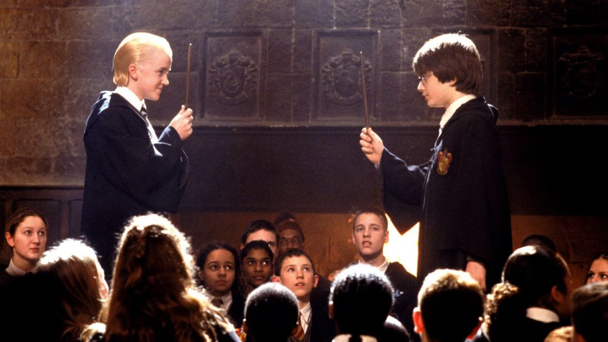 Draco Malfoy and Harry Potter before their duet in Harry Potter and the Chamber of Secrets