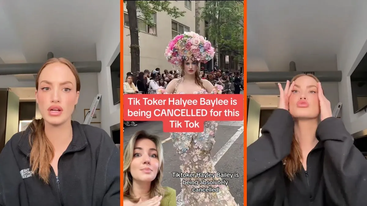 Two images of Haylee Baylee's TikTok apology with a picture of Stephanie Matto in the middle explaining the situation