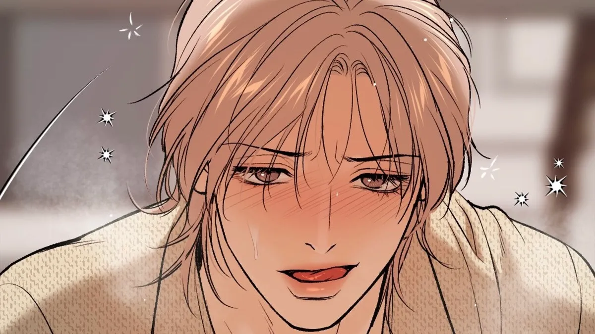 Heesung licks his lips in the special episode of the BL manhwa, “Jinx.”