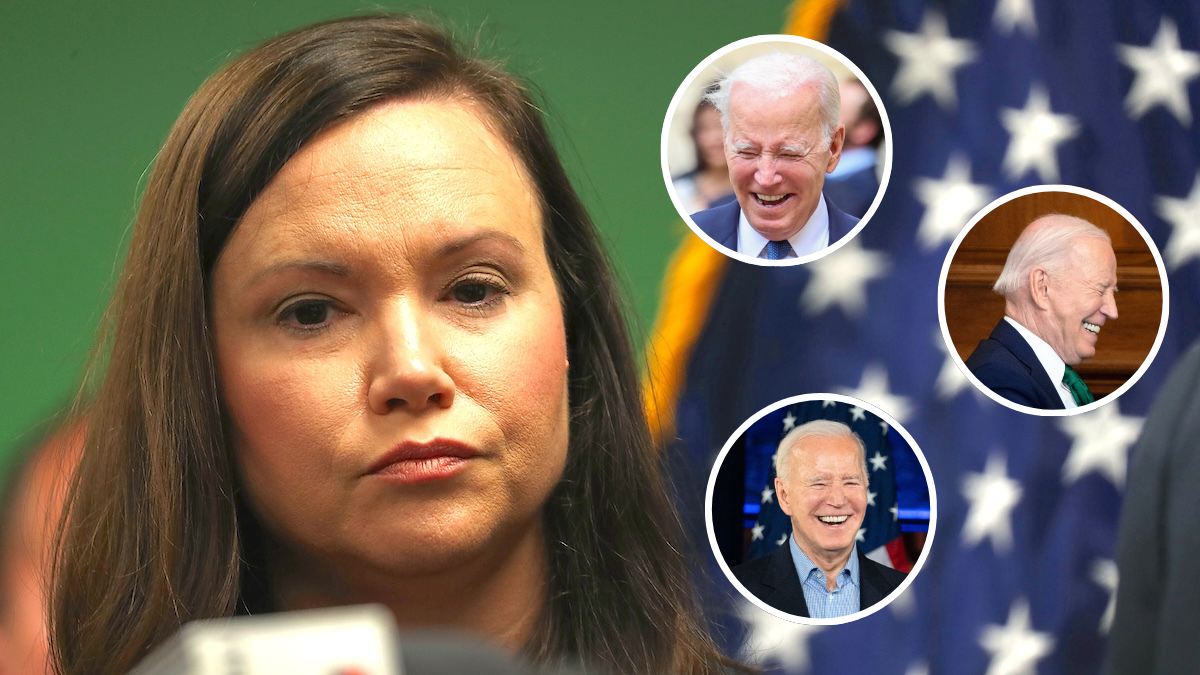 Florida AG Ashley Moody looking upset while Joe Biden laughs in three separate circle bubbles