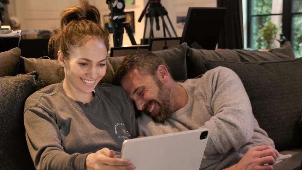 Jennifer Lopez and Ben Affleck laughing in her Prime Video documentary The Greatest Love Story Never Told