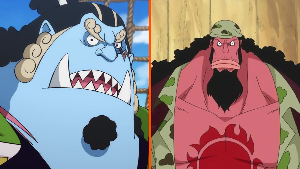 Image of Jinbe talking, next to an image of Fisher Tiger in the Amazon Lily Flashback from One Piece