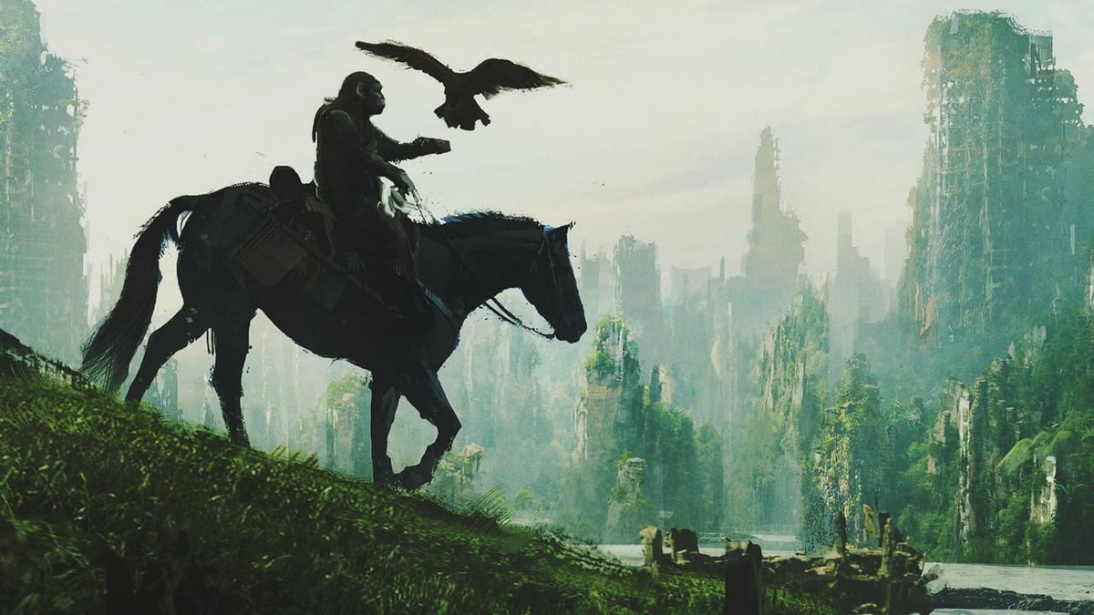 A chimpanzee riding a horse in Kingdom of the Planet of the Apes