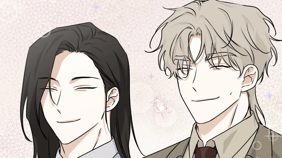 Wonyoung and Taeju fake smiling in the BL manhwa "Low Tide in Twilight"
