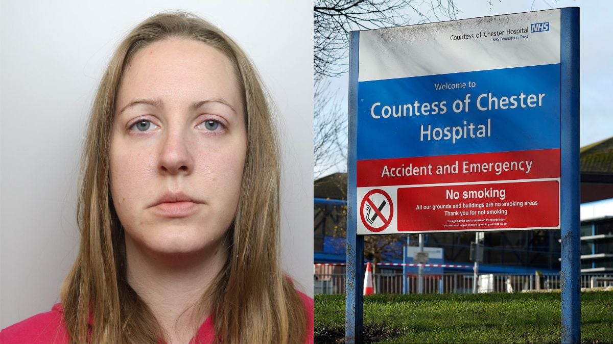 Lucy Letby and a sign for Countess of Cheshire Hospital