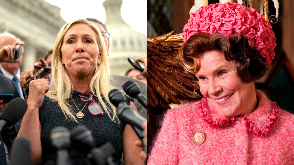 Marjorie Taylor Greene holding up a fist in front of microphones next to Delores Umbridge from 'Harry Potter and the Order of the Phoenix' dressed in all pink