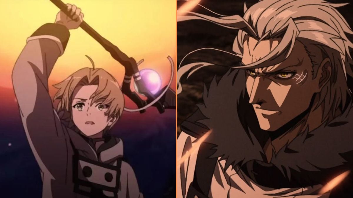 Mushoku Tensei split image featuring Rudy and Orsted on the right half