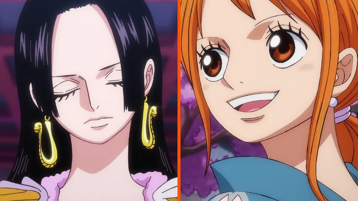 Image of Boa Hancock with her eyes closed next to an image of Nami smiling in Wano, One Piece