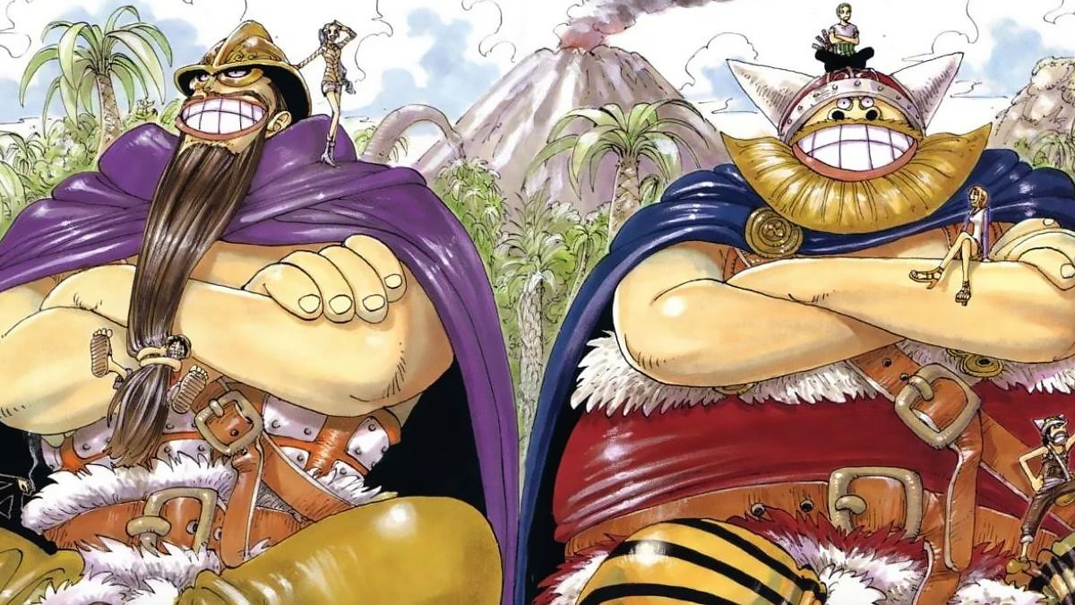 Colorful spread drawn by Oda of Brogy and Dorry smiling with their arms crossed in One Piece Little Garden
