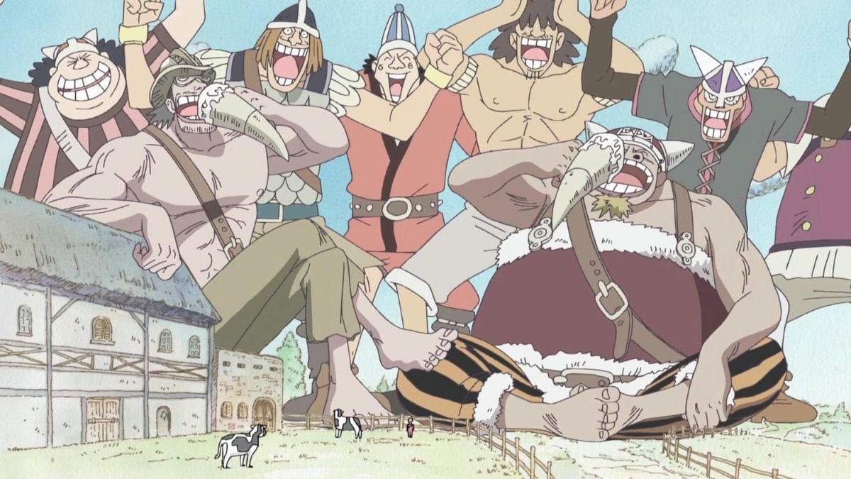 Brogy and Dorry drinking beer with several giants around them in the One Piece anime