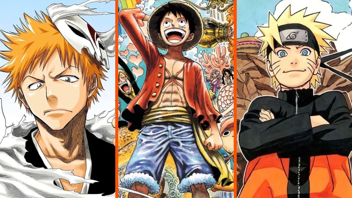 Colorful spreads of Ichigo from Bleach, Luffy from One Piece and Naruto from Naruto
